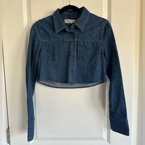 New Zara Cropped Pockets Denim Jean Shirt - Small